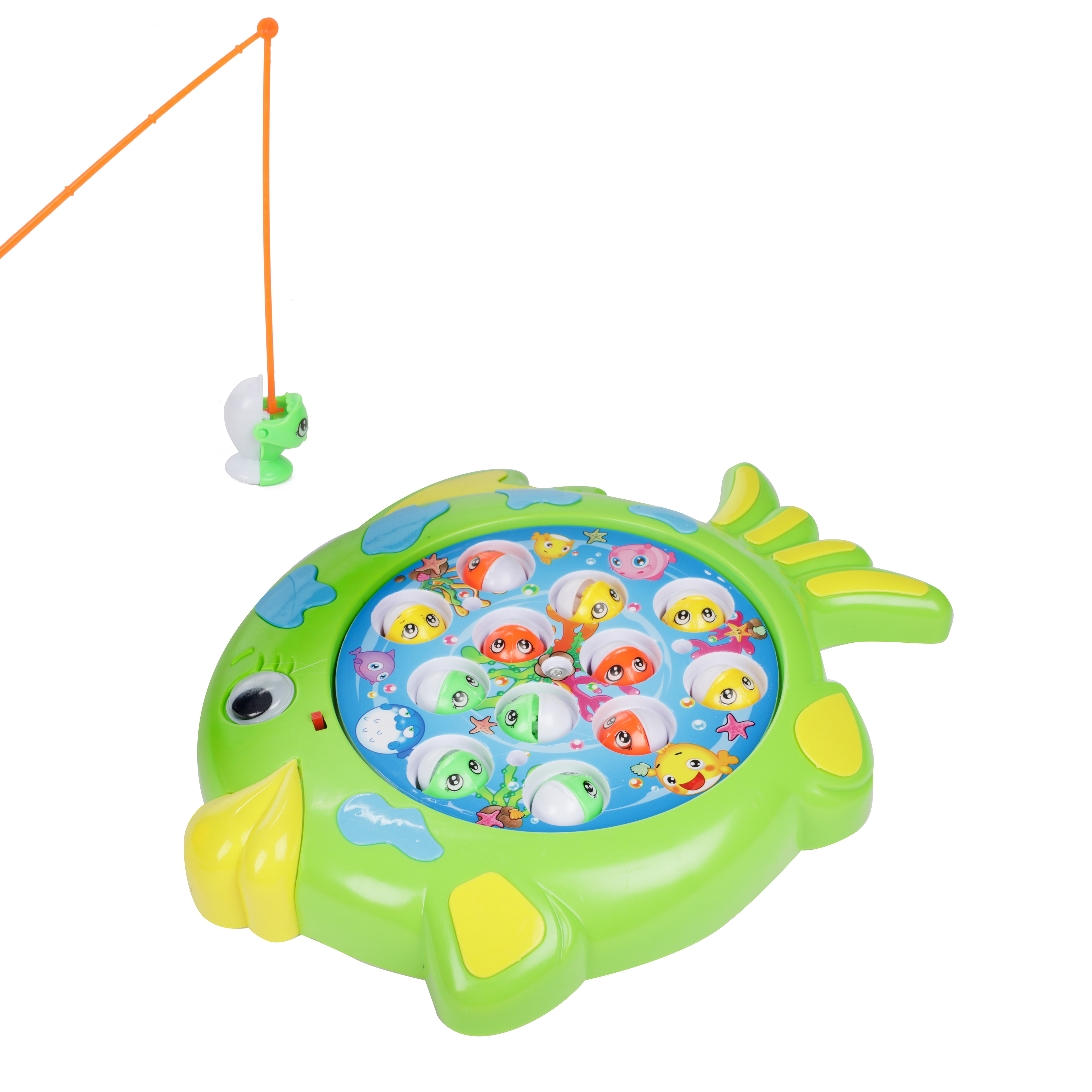 Ein grünes, fischförmiges Angelspielzeug mit bunten Fischen und einer orangefarbenen Angelrute.