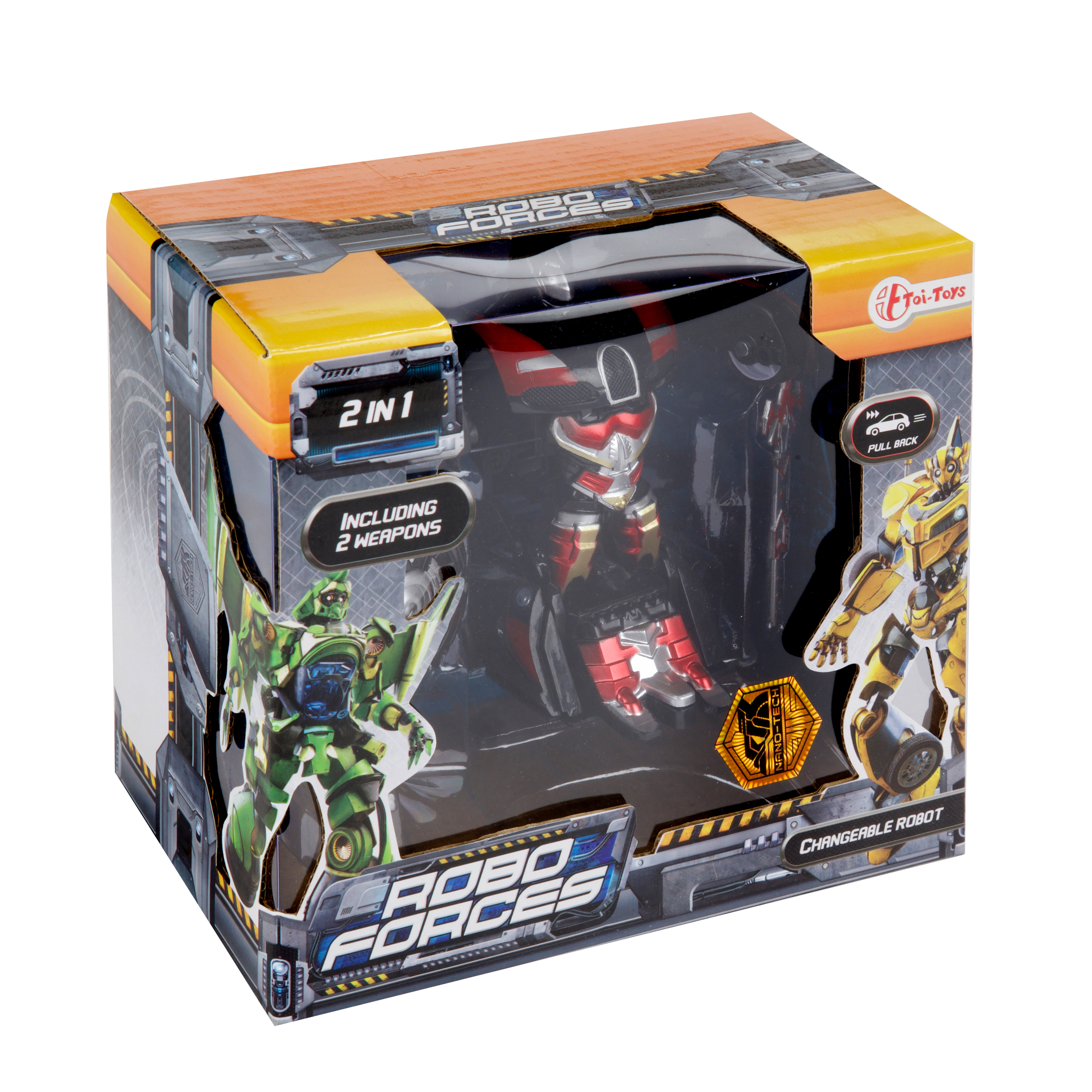 Spielzeugroboter in einer Box. Es ist ein rot-schwarzer Roboter, der sich in einen grün-gelben verwandeln kann.