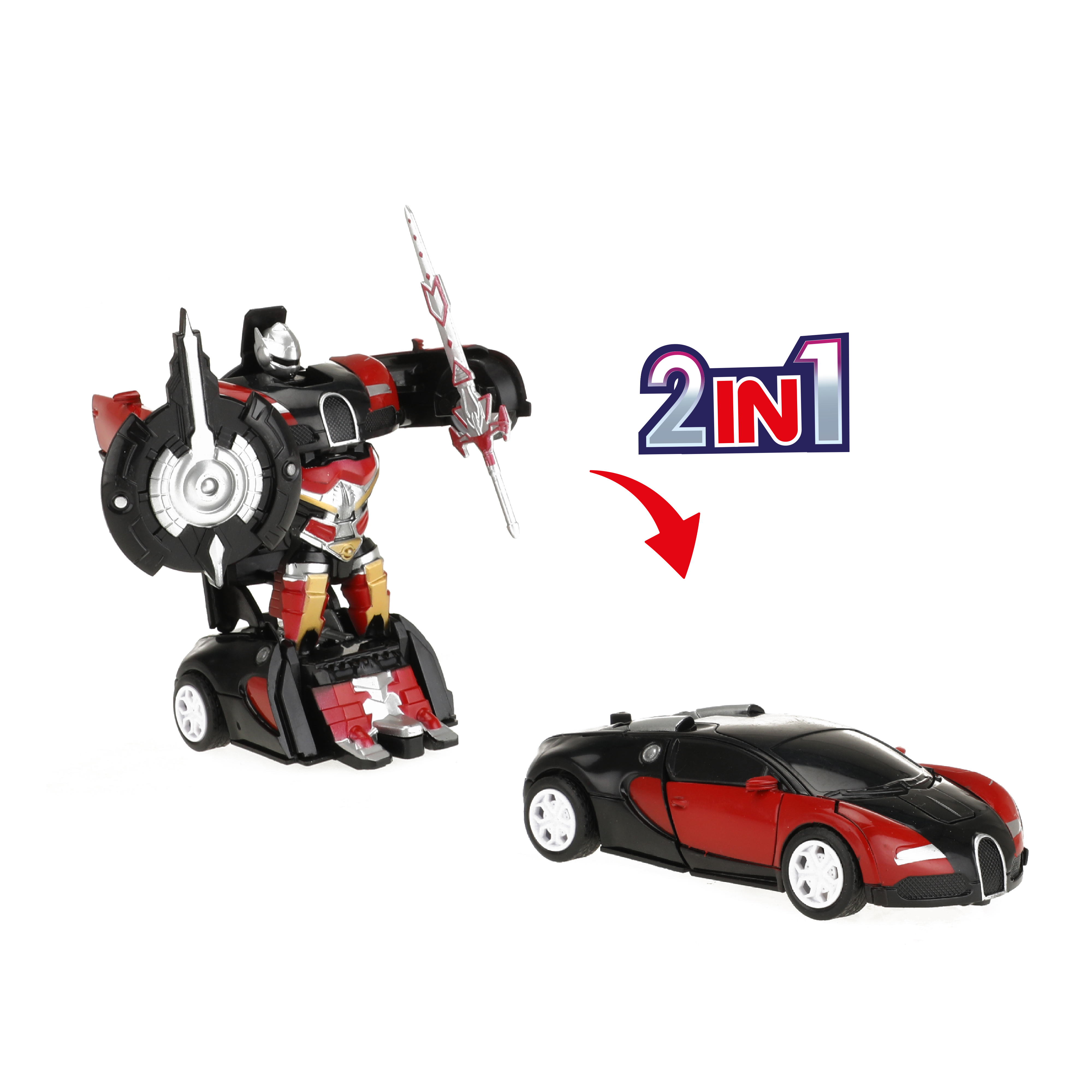 Ein 2-in-1-Spielzeug: ein Roboter, der sich in einen schwarz-roten Sportwagen verwandelt.