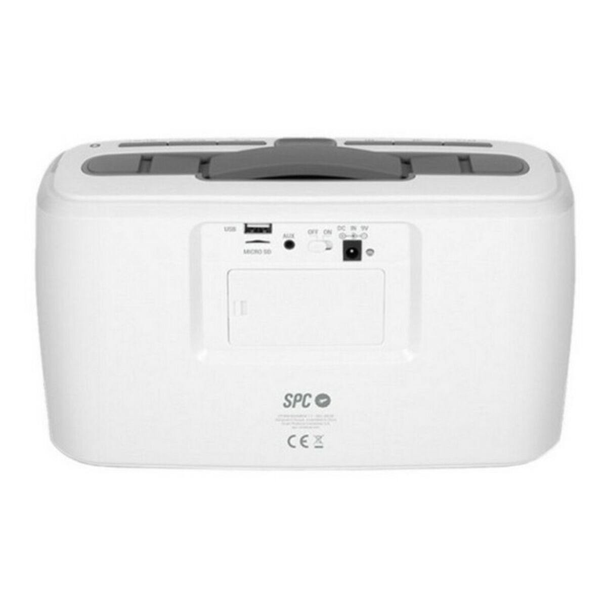 Altoparlante SPC bianco su sfondo bianco. Vista posteriore, con porte USB, AUX e alimentazione.