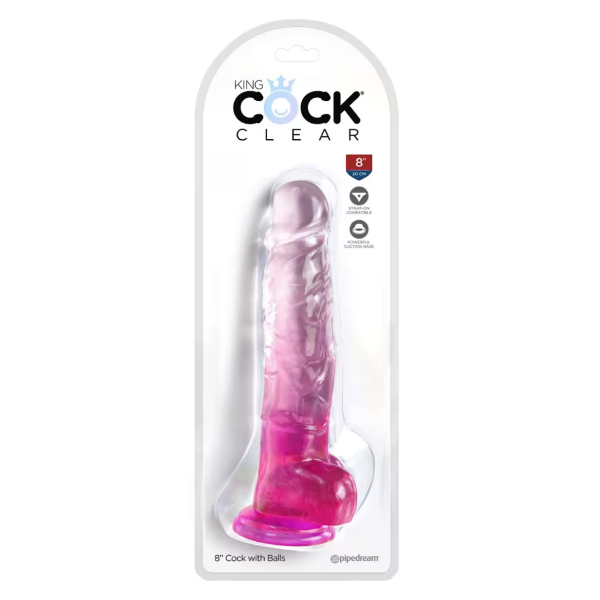 Ein pinkfarbener und klarer Dildo in einer Plastikverpackung, mit der Aufschrift 'King Cock Clear'.