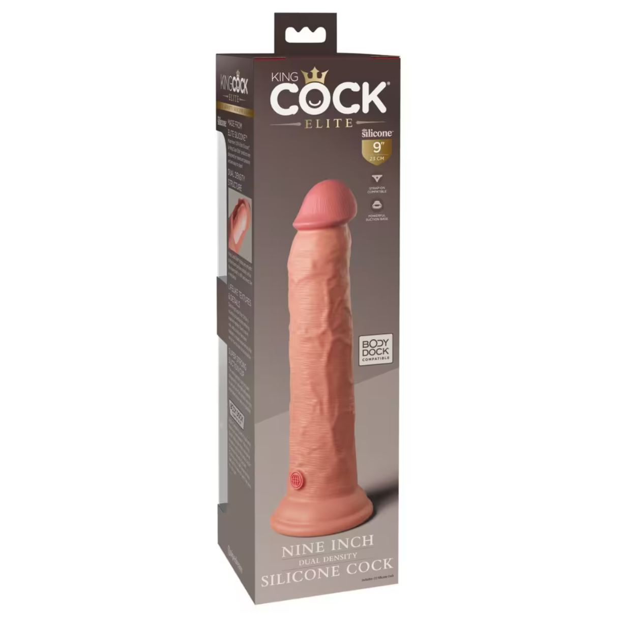 Ein pinkfarbener Sexspielzeug-Dildo aus Silikon wird in seiner Box präsentiert. Die Box enthält den Text "King Cock Elite" und weitere Details.