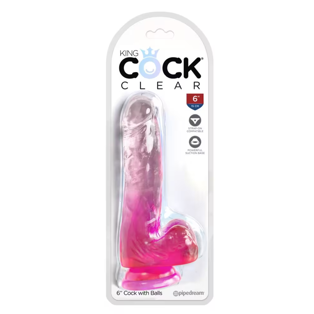 Transparenter Sexspielzeug in Verpackung, rosa Basis, Gurtbefestigung.