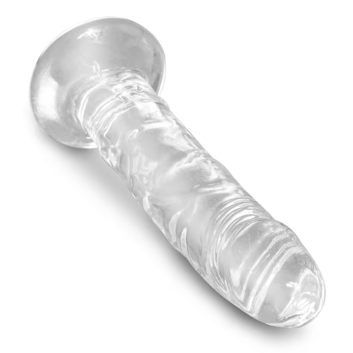Ein klarer, phallusförmiger Sexspielzeug auf weißem Untergrund.
