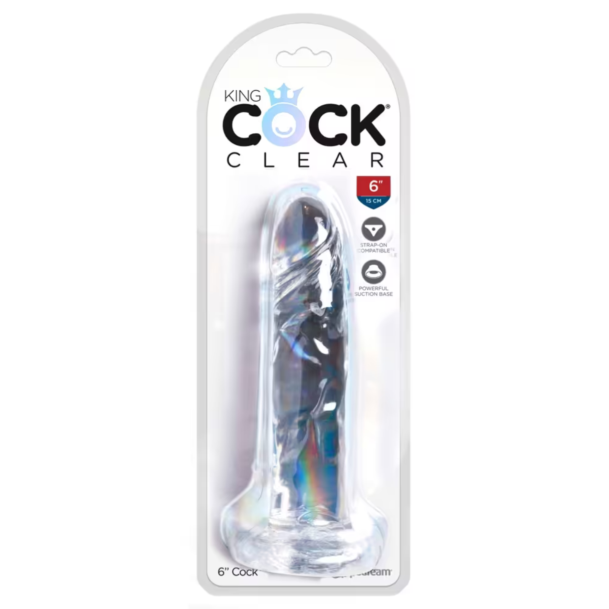 Das Bild zeigt einen durchsichtigen Dildo in einer Verpackung mit Text und dem Label '6" Cock'.