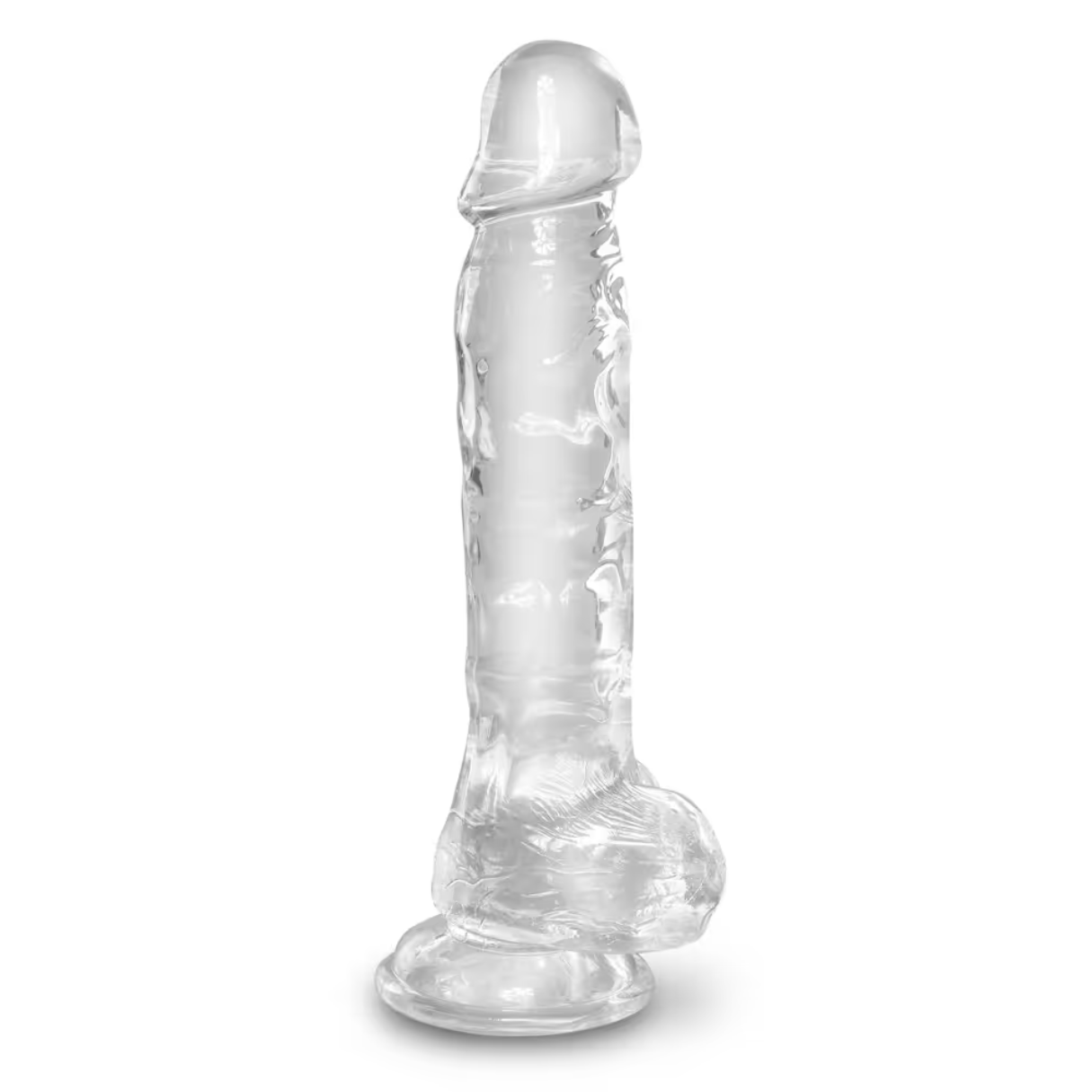 Ein klarer, transparenter Sexspielzeug in Form eines Penis, auf weißem Hintergrund.