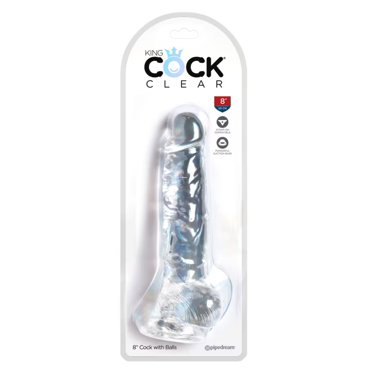 Transparenter Dildo in Verpackung mit Text. Weißer Hintergrund.