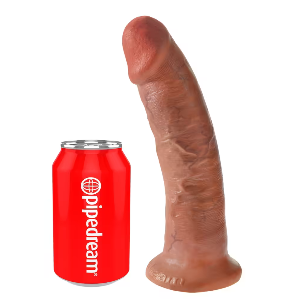 Eine rote Dose mit Logo neben einem braunen, phallusförmigen Sexspielzeug. Beide vor weißem Hintergrund.