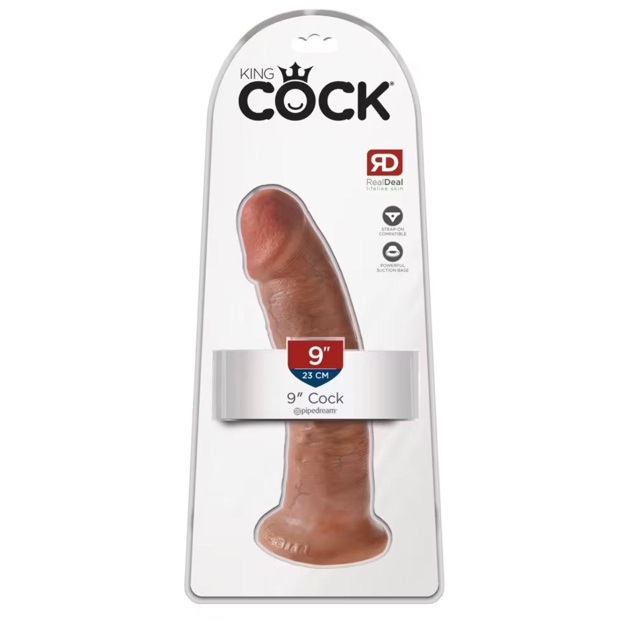 Ein brauner Dildo in der Verpackung. Er ist 9 Zoll lang und trägt den Markennamen 'King Cock'. Er hat einen Saugfuß und ist riemenkompatibel.