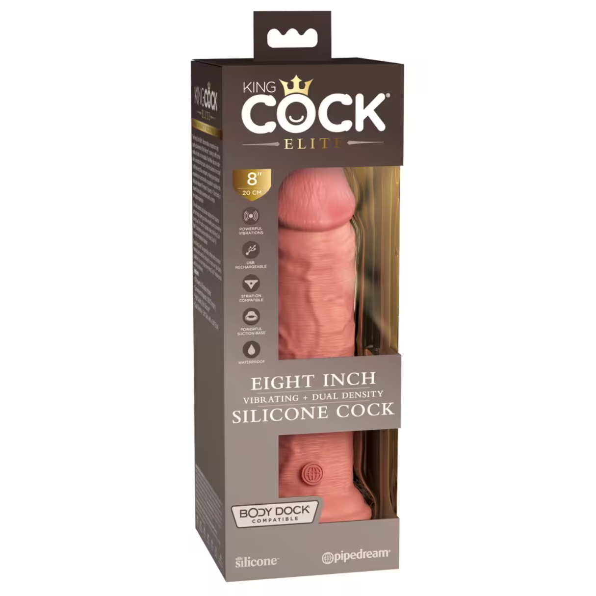 Ein rosafarbener Sexspielzeug aus Silikon befindet sich in einer Schachtel. Die Schachtel trägt die Aufschrift 'King Cock Elite', '8 Zoll', vibrierend, doppelte Dichte und Silikon.