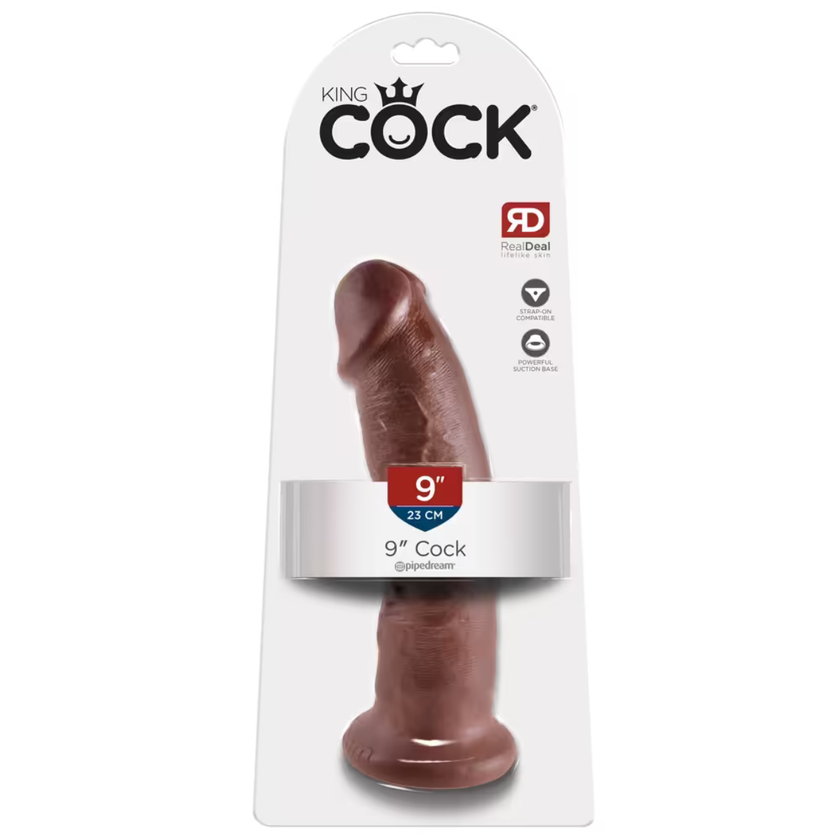 Ein brauner Dildo in der Verpackung. Die Verpackung trägt die Aufschrift 'King Cock' und '9" Cock'. Er ist lebensecht und hat einen Saugfuß.