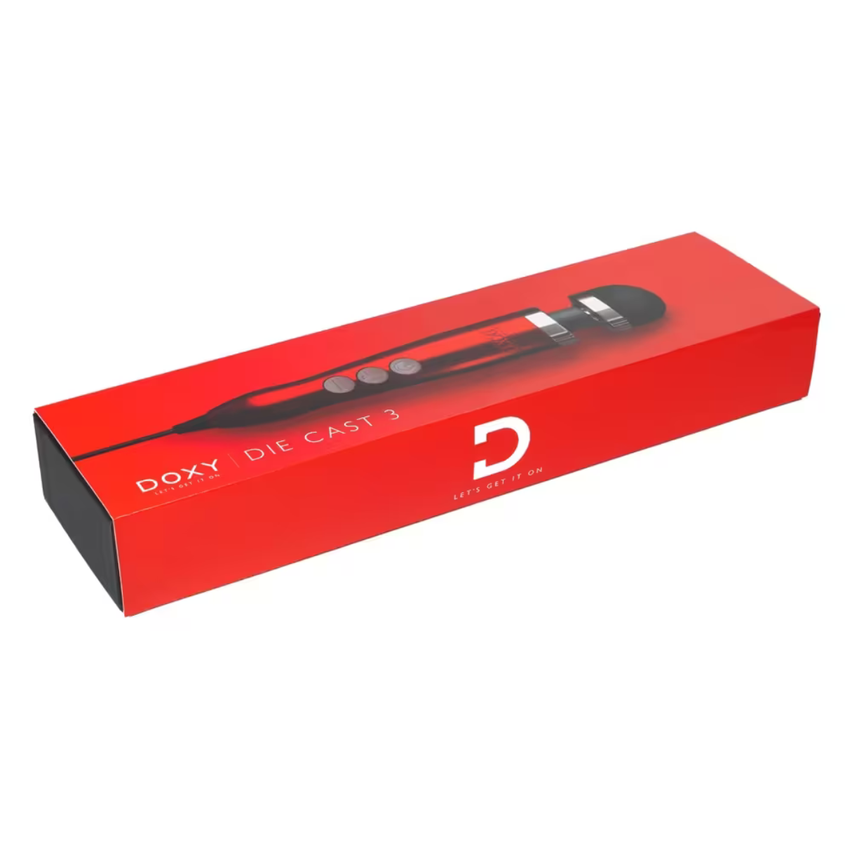 Rote Schachtel mit schwarzem und rotem Produkt, Aufschrift 'DOXY DIE CAST 3'. Schwarzes Produkt hat drei Knöpfe.