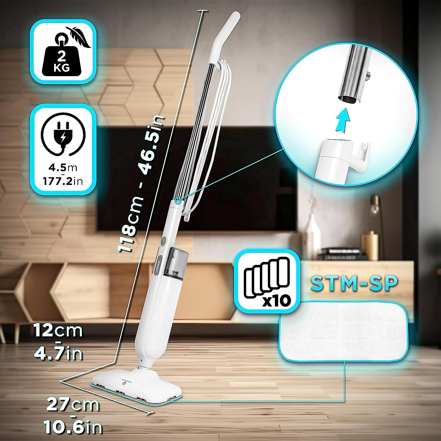 Una mopa de vapor blanca con medidas e iconos, que muestra un diagrama del cabezal de limpieza.