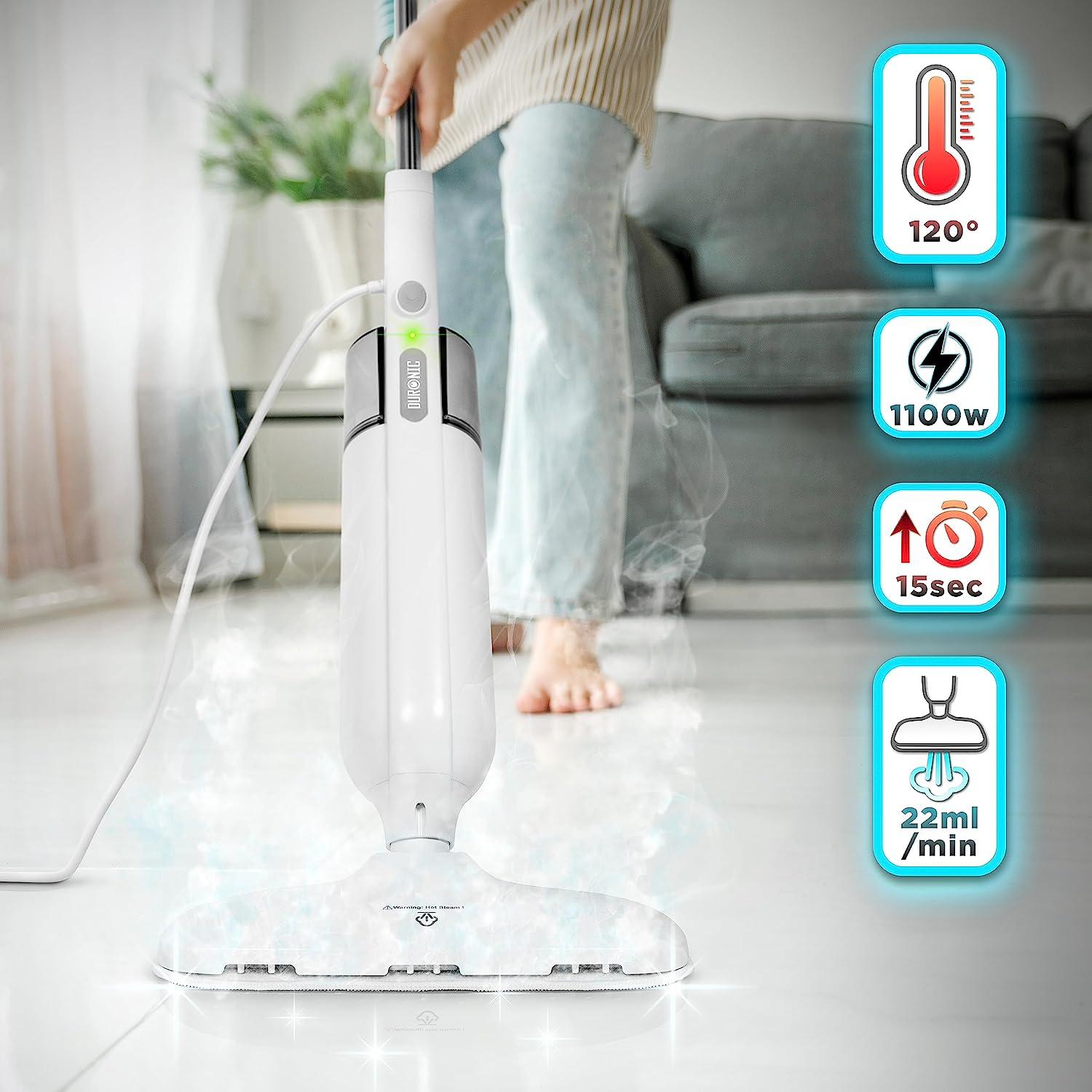 Limpiador a vapor en uso, mostrando temperatura, potencia, tiempo e indicadores de flujo.