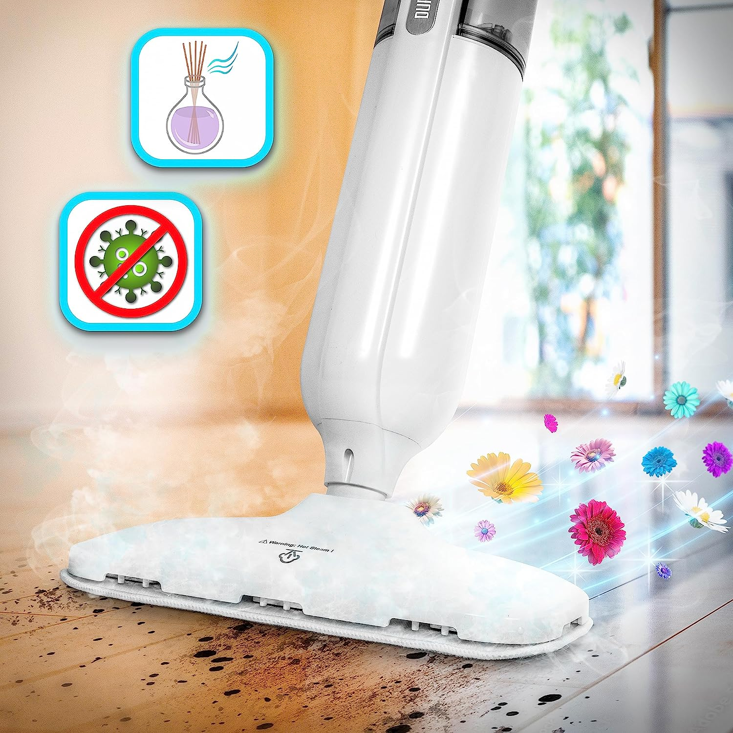 Una mopa de vapor blanca limpiando un suelo con pequeñas flores, dos iconos y un suelo de madera.