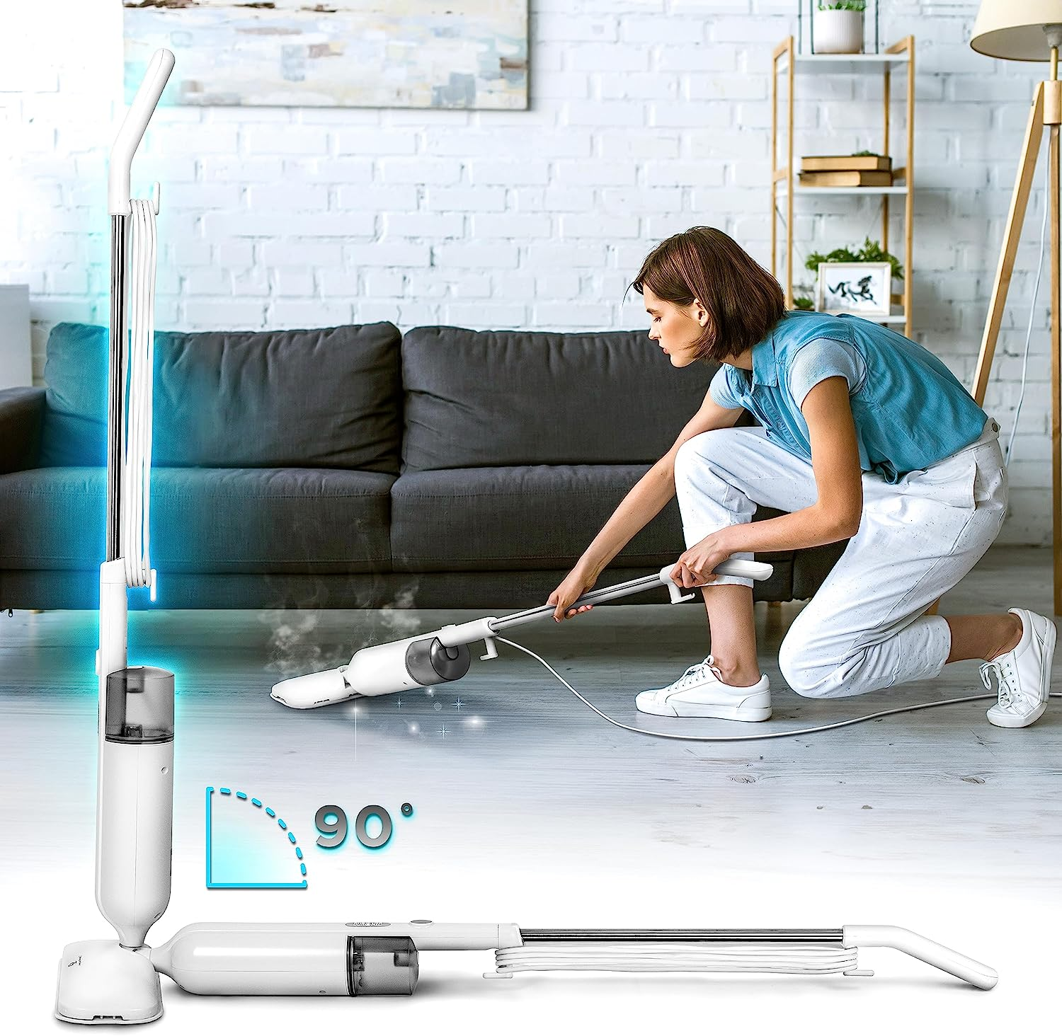 Una mujer usando una limpiadora de vapor blanca en un suelo, con una etiqueta de ángulo de 90 grados.