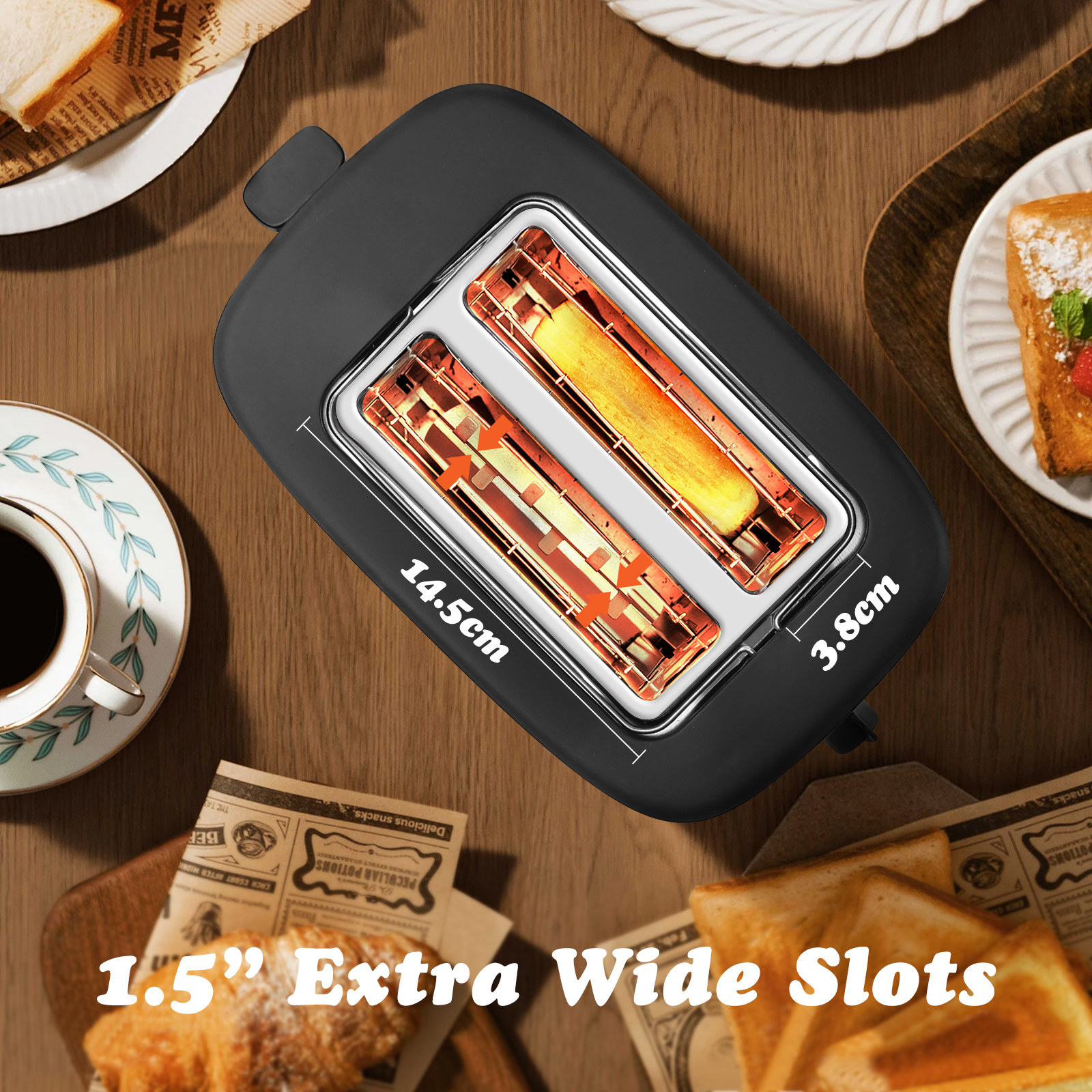 Tostadora negra con dos ranuras, que muestra dimensiones y texto 'Extra Wide Slots'.