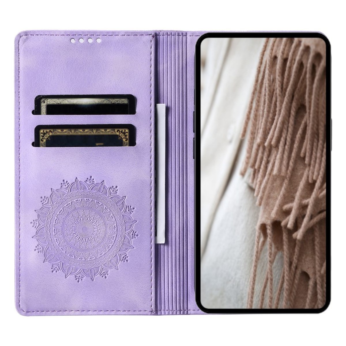 Lila Telefon-Geldbörse mit Mandala-Design und einem Telefon, das einen Schal zeigt.