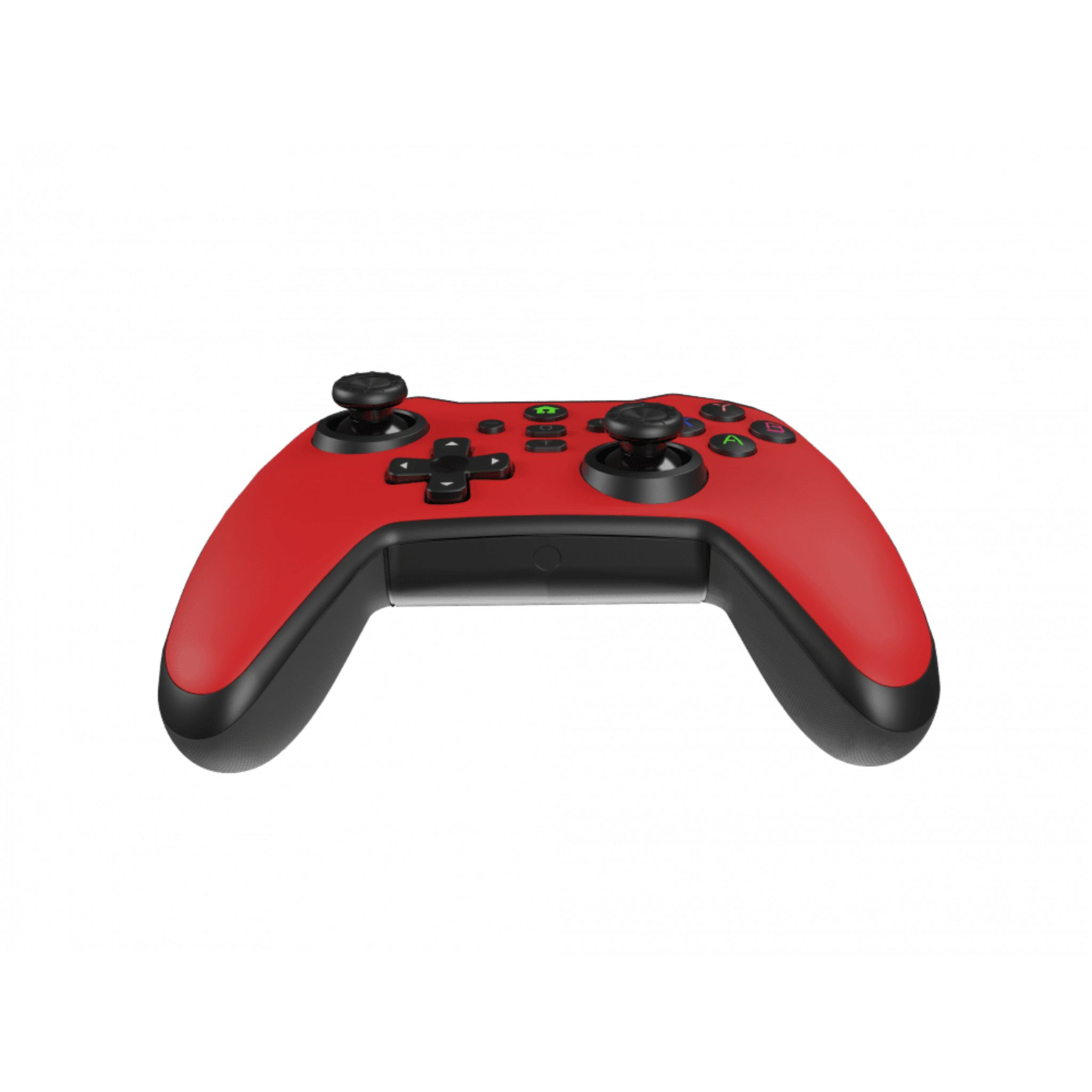 Red game controller with black accents and buttons. Isolated on white.