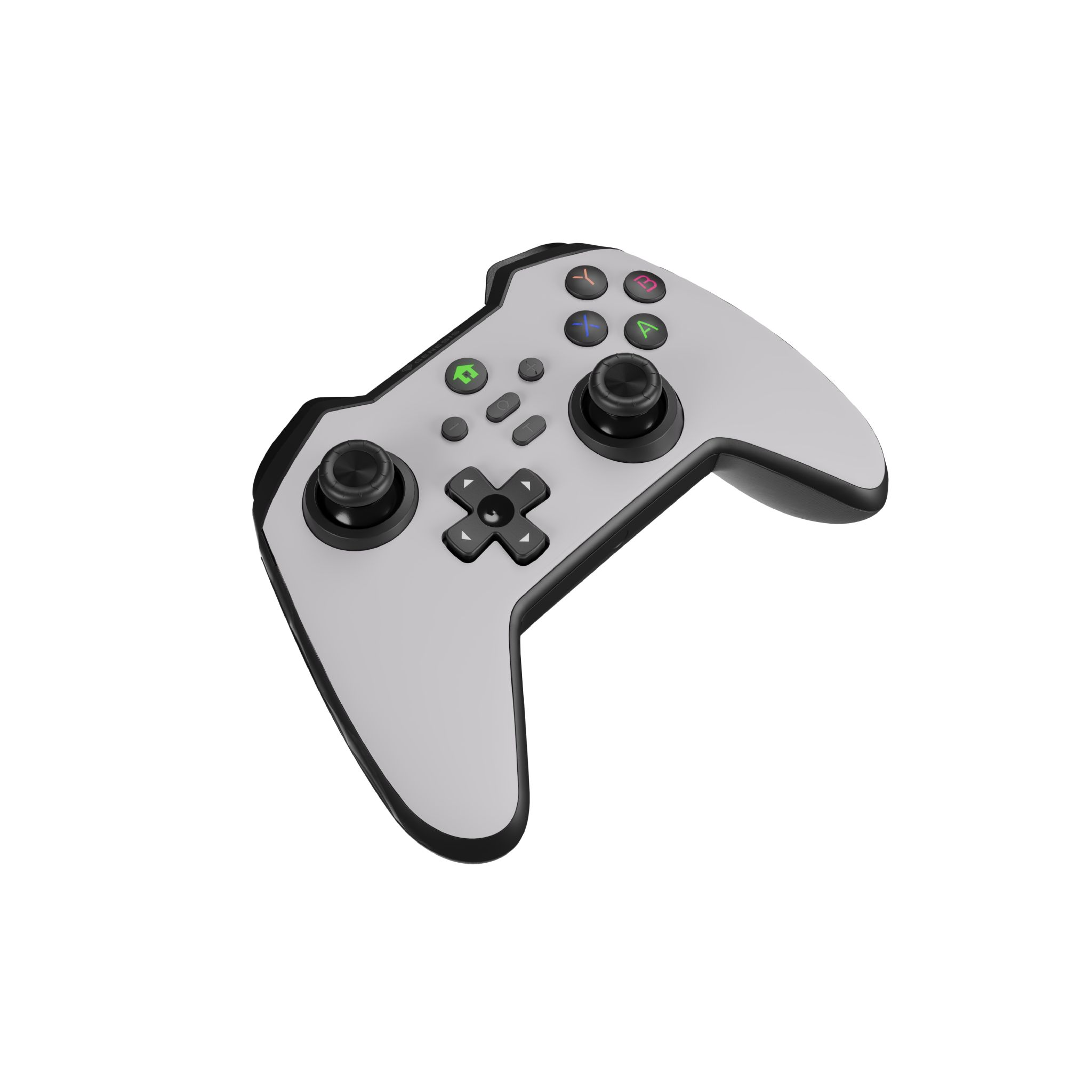White and gray game controller. It has multiple buttons and a modern design on a white surface.