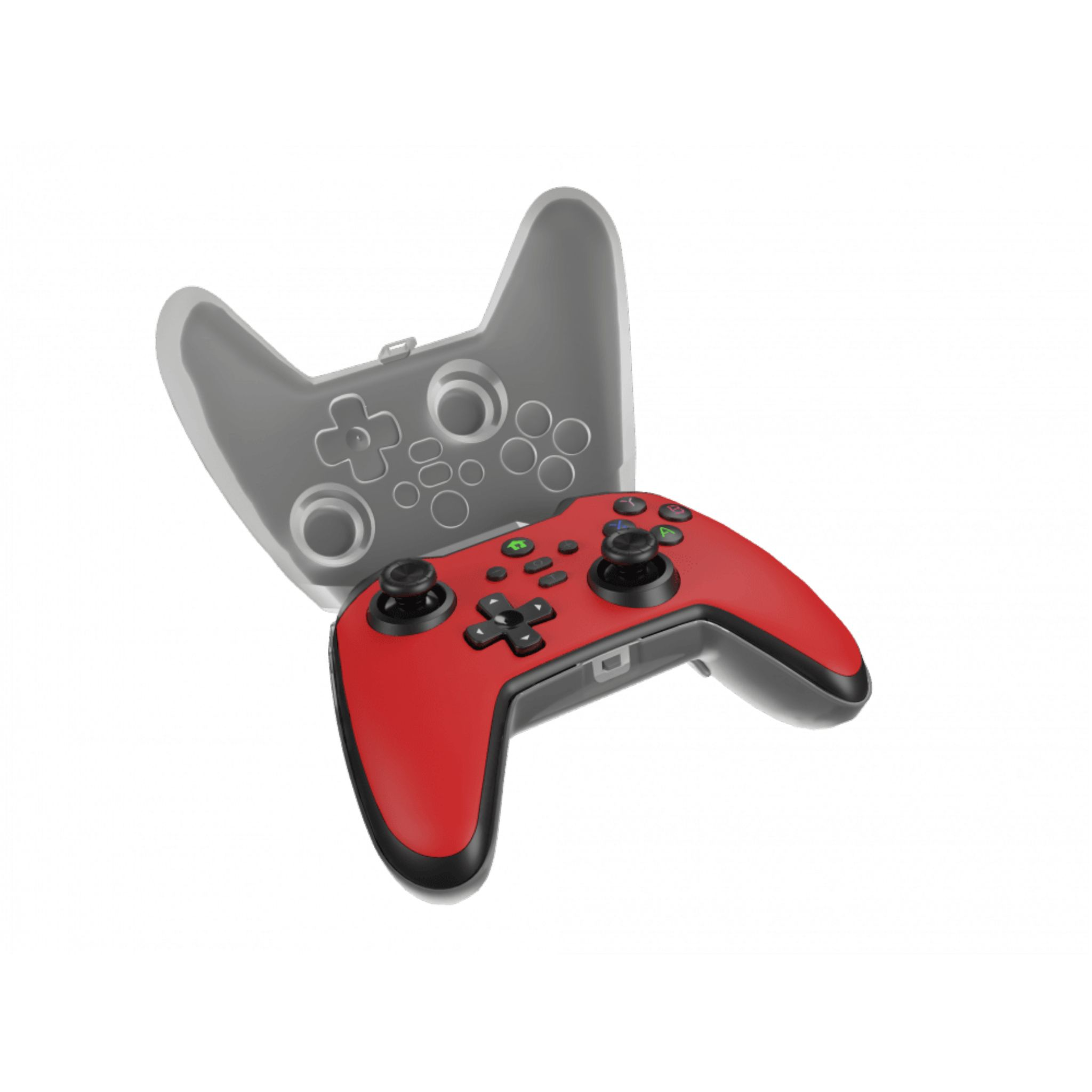 Red gaming controller with black buttons and joysticks. A transparent outline of the controller is visible.