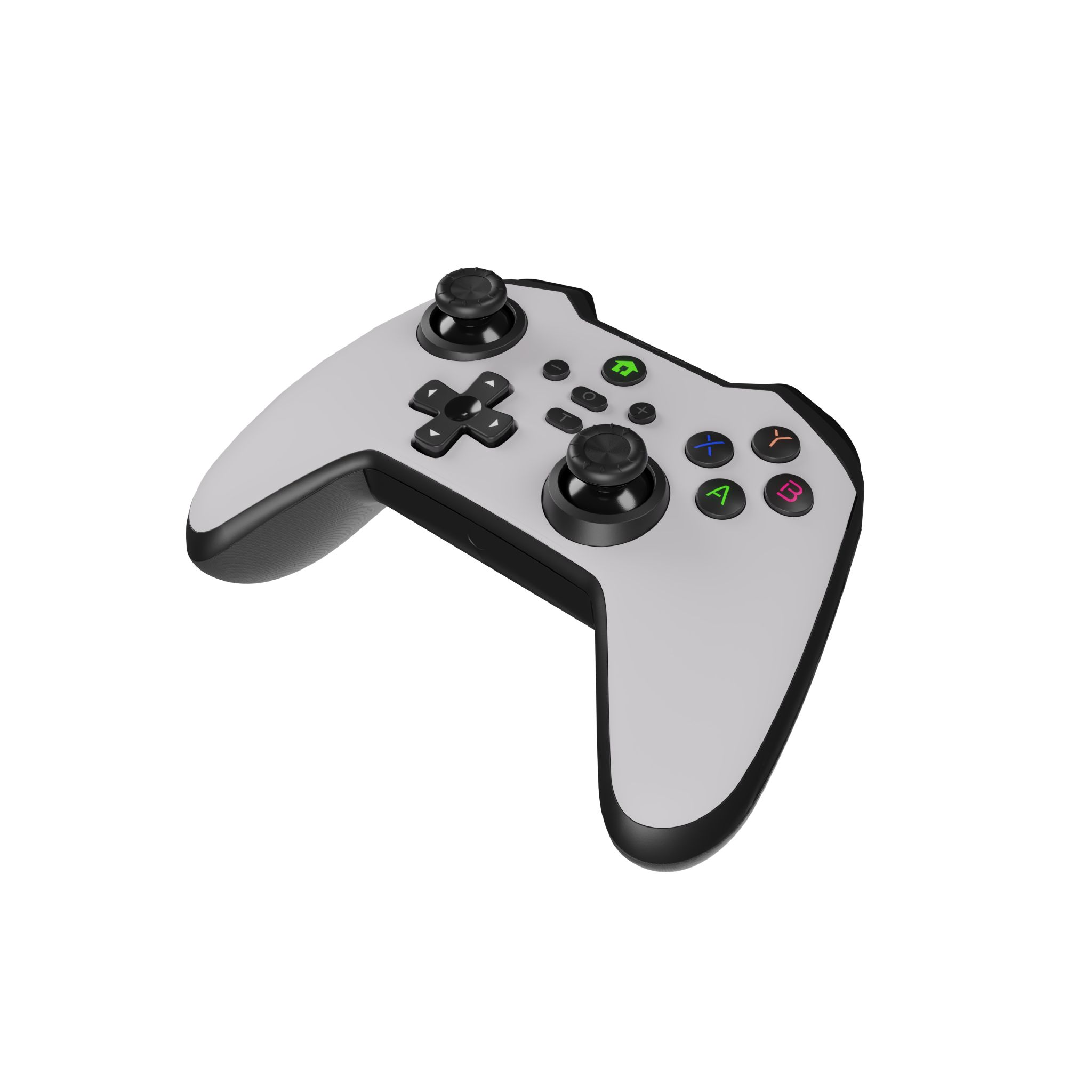 A white and grey gamepad with black joysticks and various buttons. The background is white.