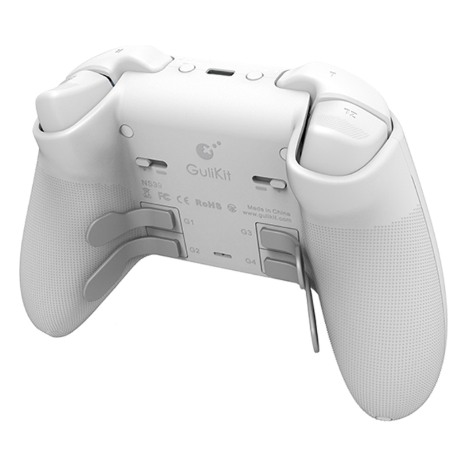Controlador GuliKit blanco con botones y gatillos. Fondo blanco.