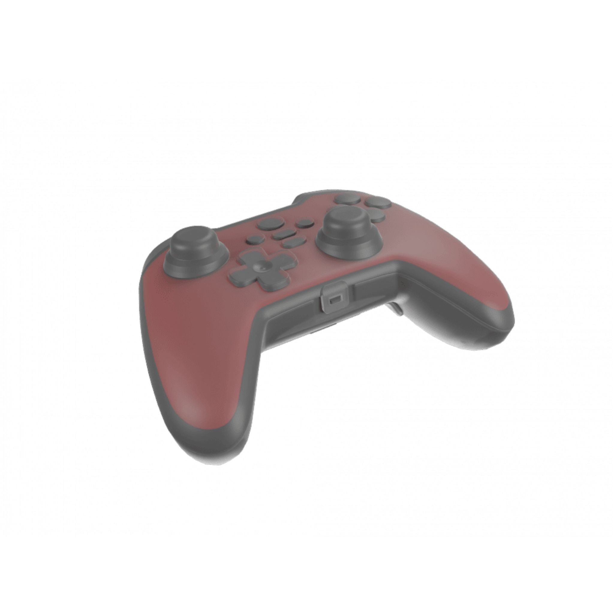 A red and gray game controller, angled on a white background.
