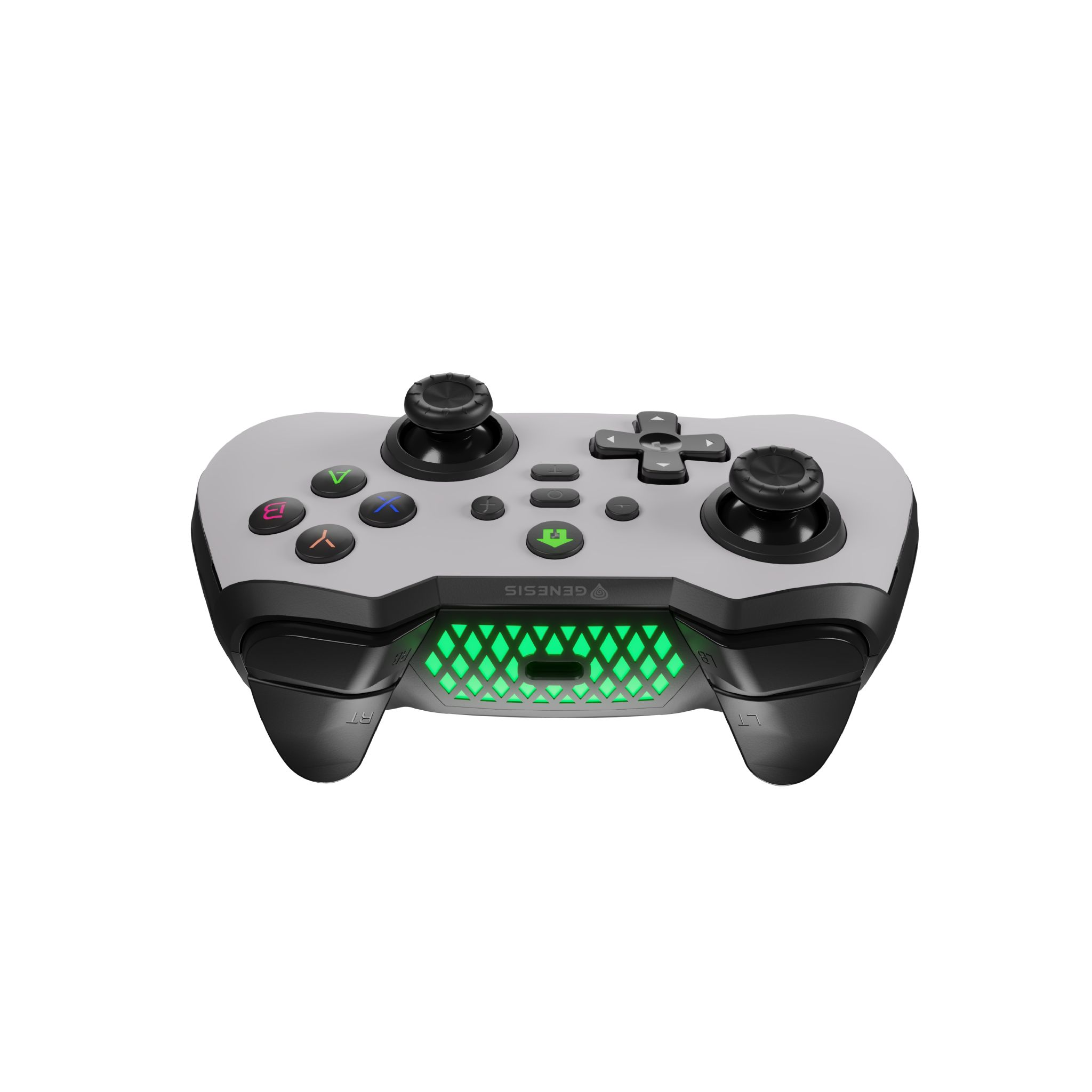 A gray and black game controller with black joysticks, buttons and green illuminated accents on the bottom.