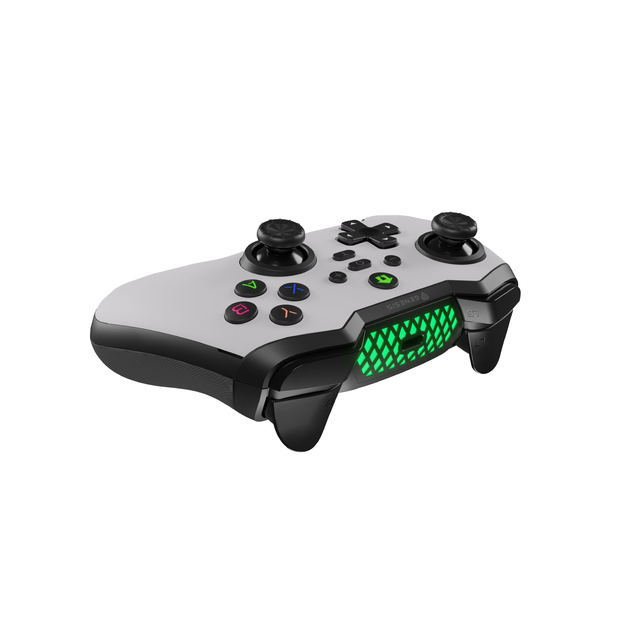 A white and black gaming controller with green accents and buttons.