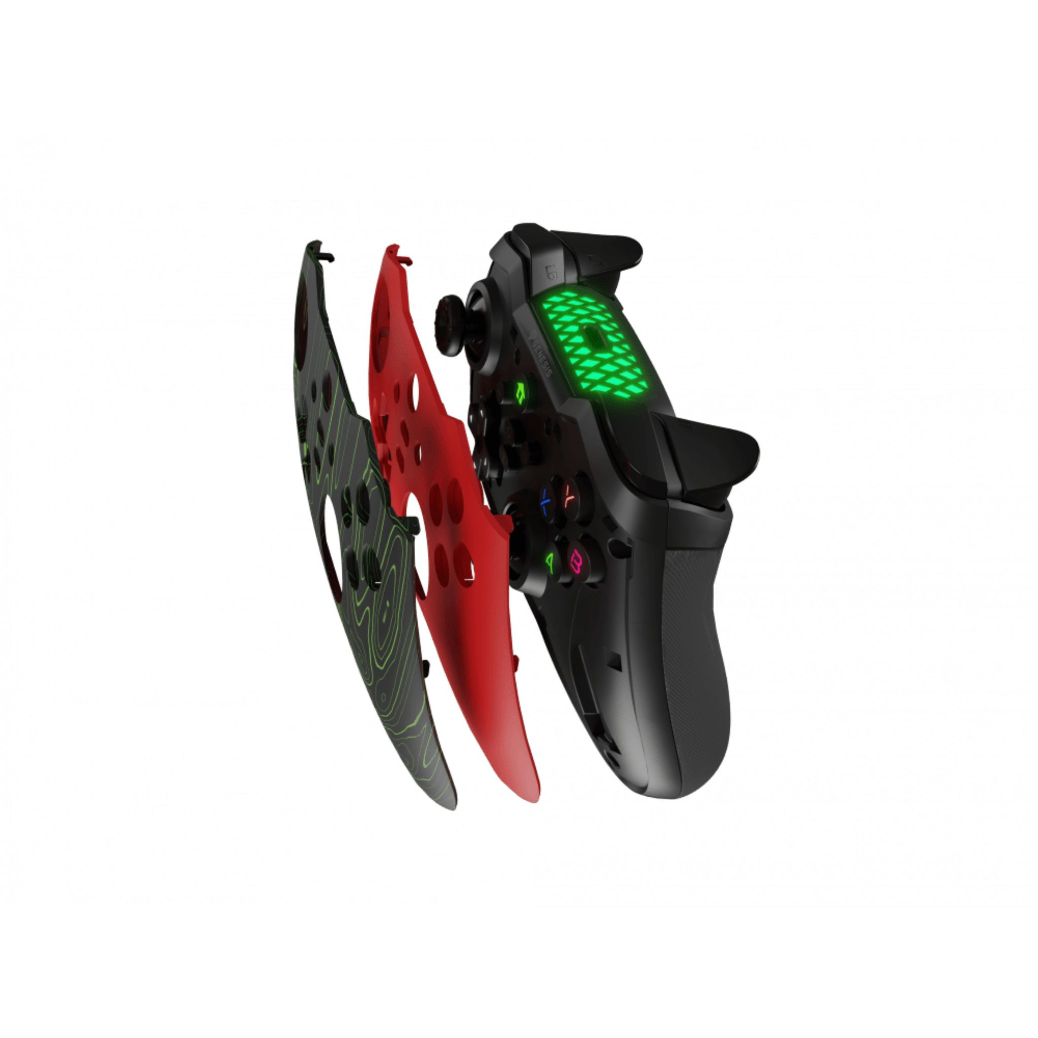 Black game controller, exploded view, showing internal components, on a white background.