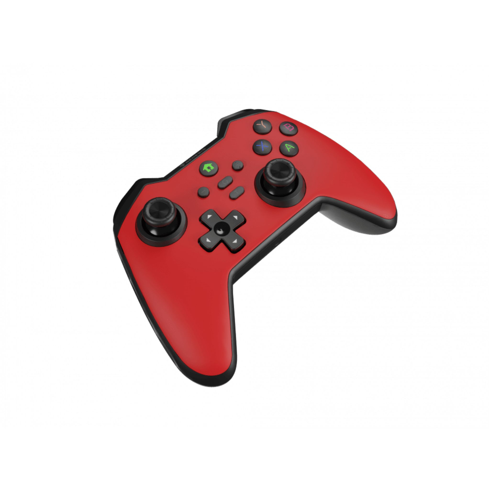 Red game controller with black buttons and joysticks. The controller is on a white background.
