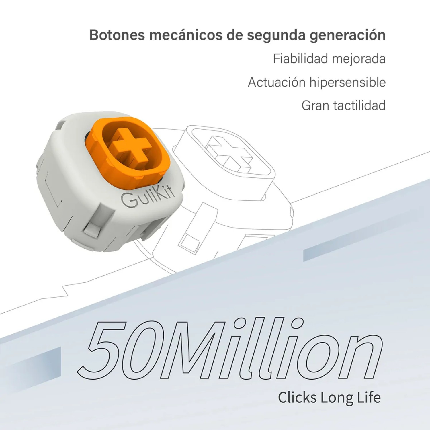 Dos interruptores de teclado mecánico blancos y naranjas con un diseño de cruz en la tecla. El texto dice '50Million Clicks Long Life'.