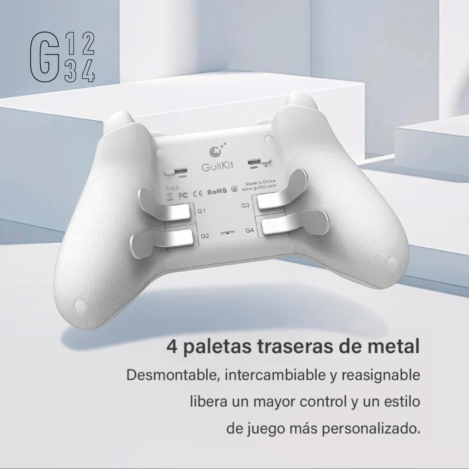 Un controlador blanco con paletas traseras y texto en español.