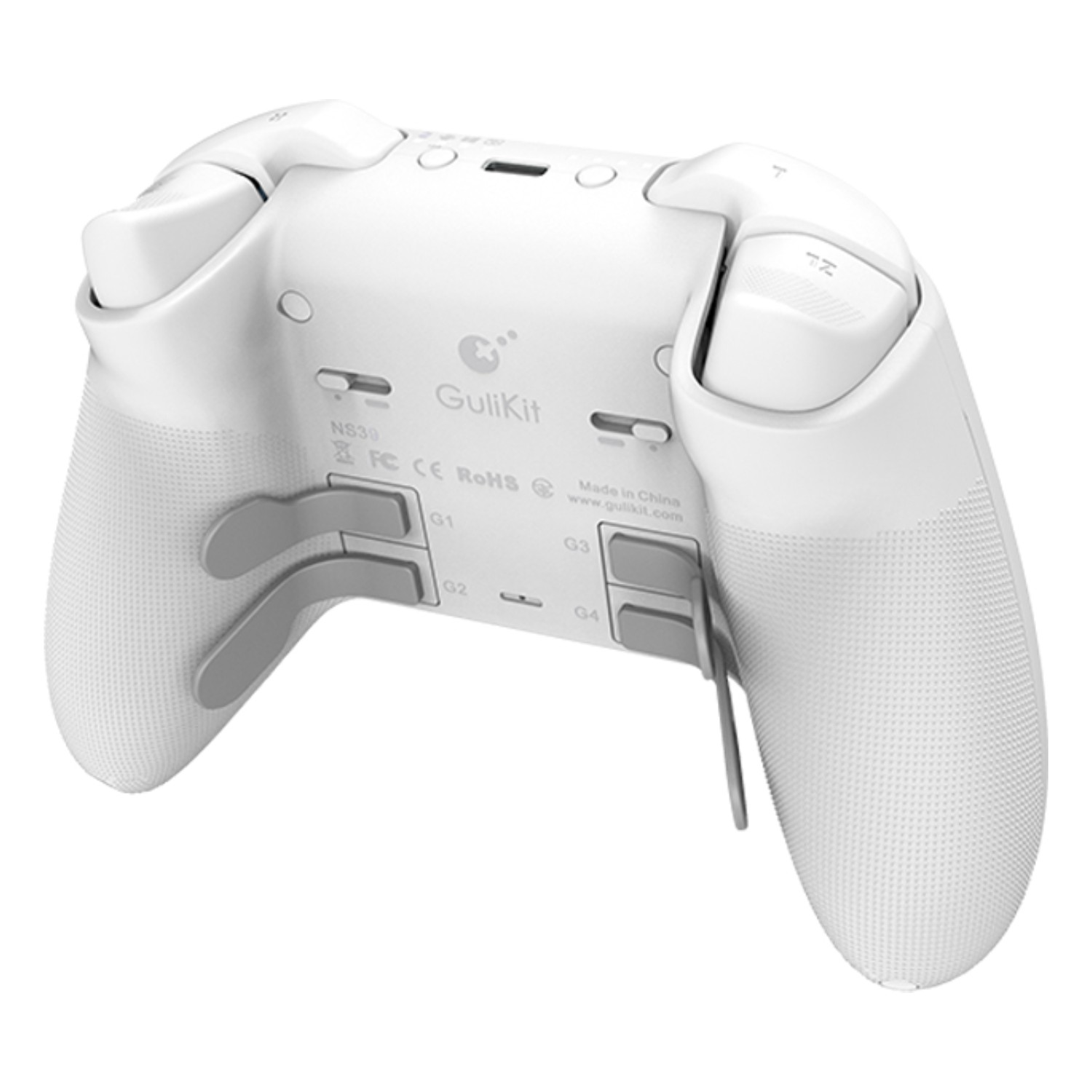 Mando de juego blanco. La parte trasera del mando es visible.