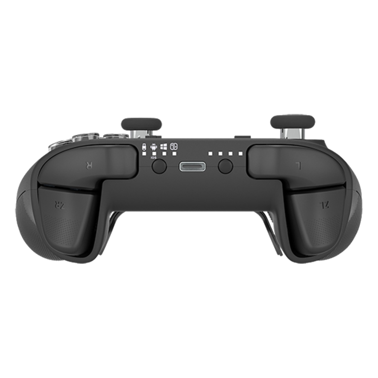 Mando de juego negro, vista superior. Botones y puertos visibles.