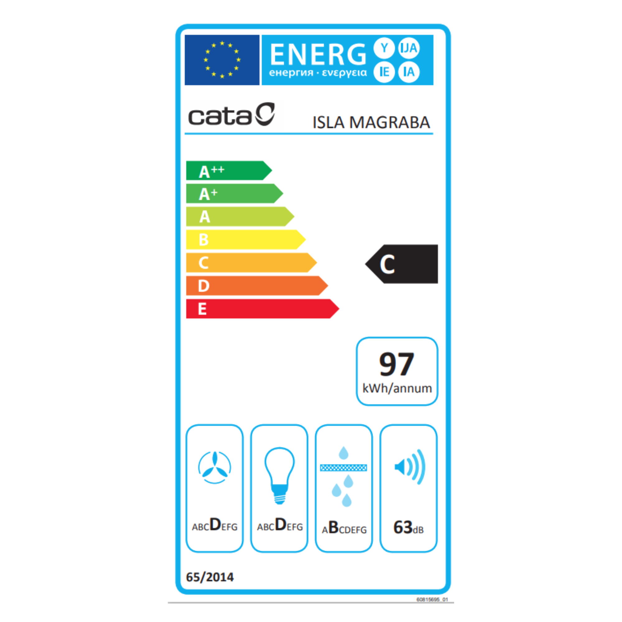 Etiqueta energética para campana extractora, mostrando eficiencia energética y clasificaciones.