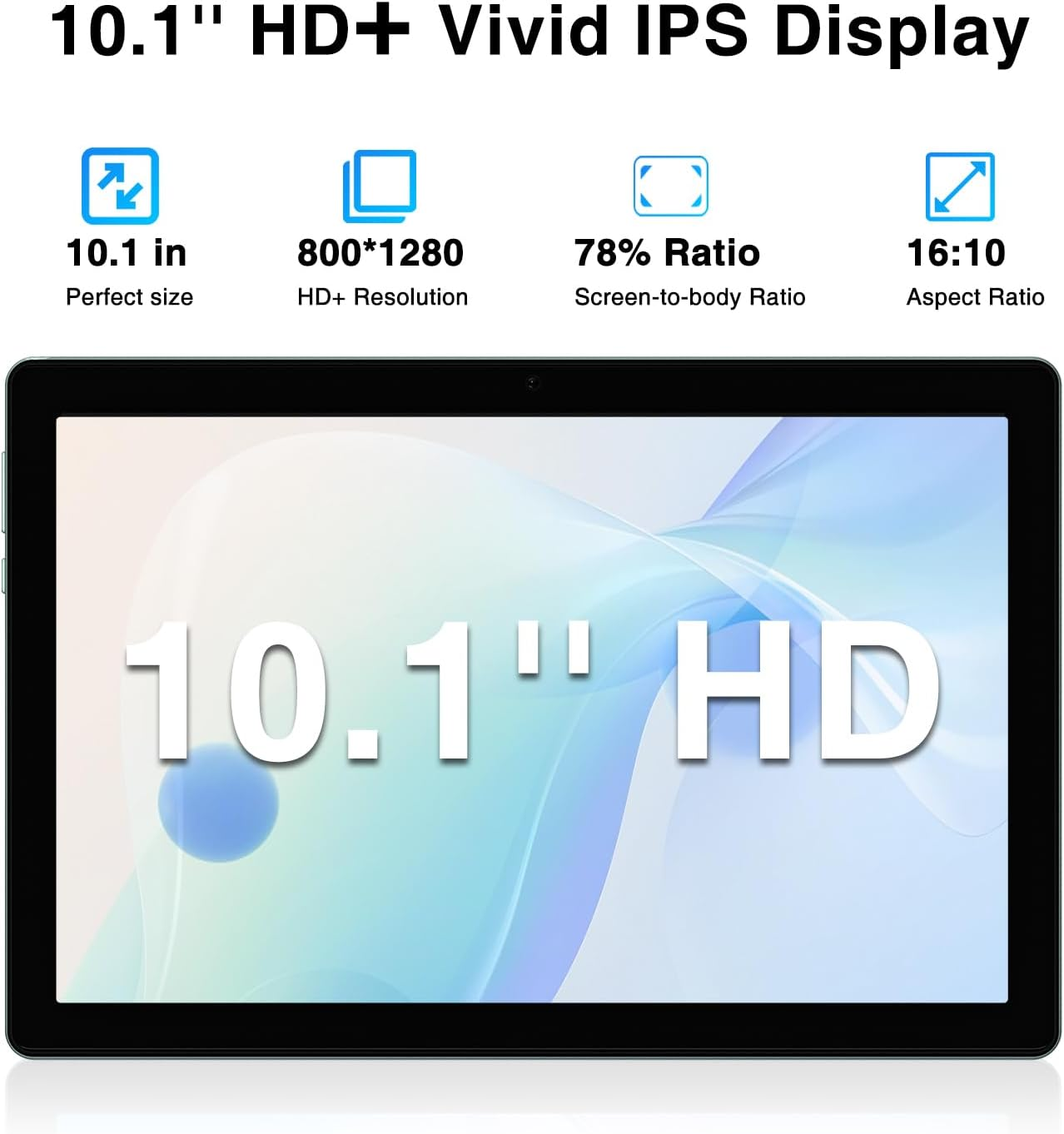Tableta con pantalla 10.1 HD+ Vivid IPS, texto en pantalla, fondo blanco.