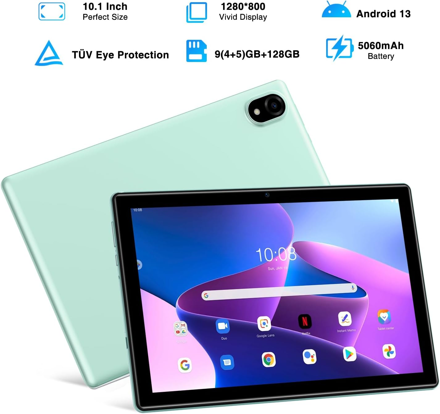 Una tableta verde menta con una pantalla negra mostrando iconos, y otra tableta detrás.