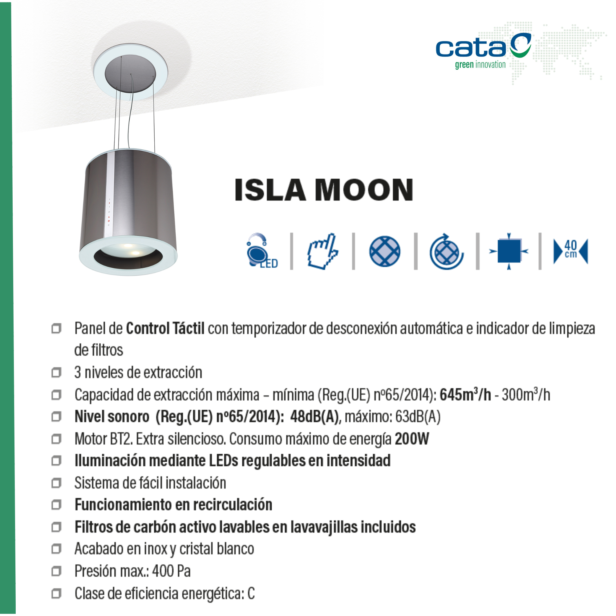 Una campana de techo moderna con acabado plateado, luz integrada y controles táctiles.