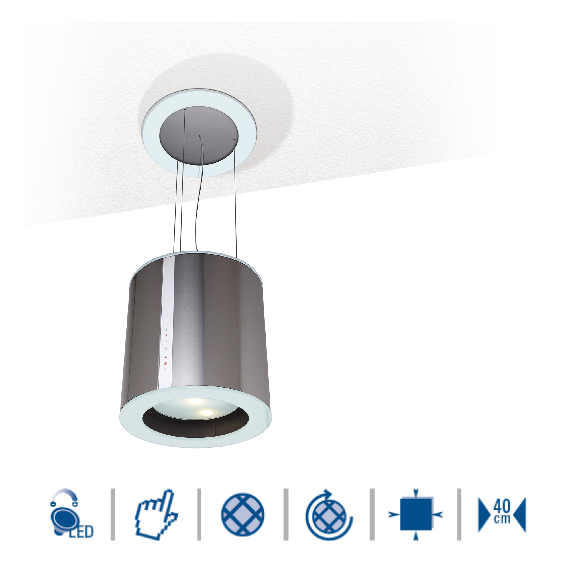 Campana extractora cilíndrica plateada colgando de un techo blanco, con detalles de luz blanca.