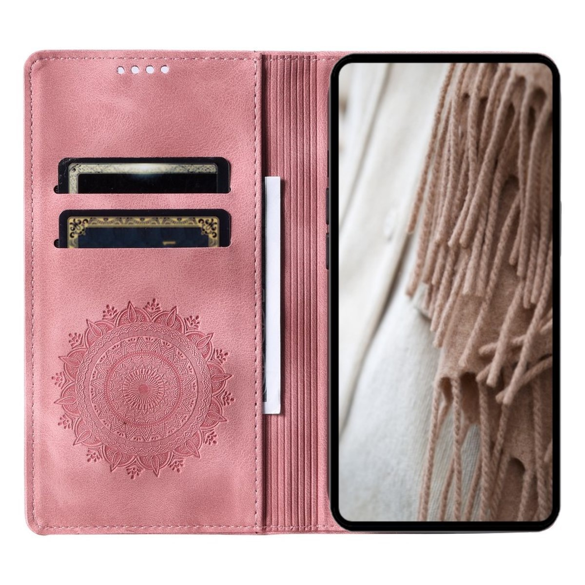 Rosa Handyhülle mit Geldbörsenfunktionen, einem Mandala und einem Telefon mit Schal.