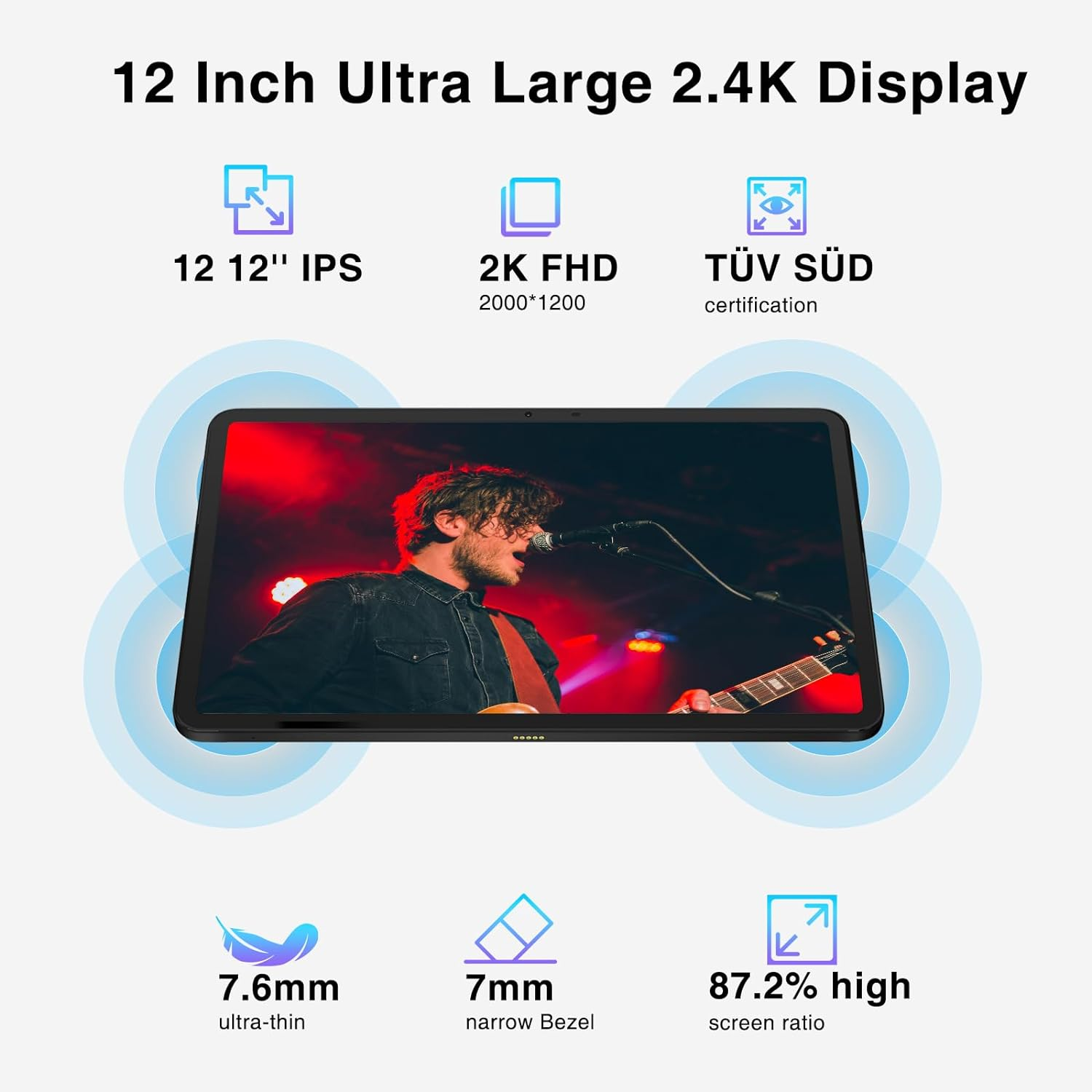 Tablet mit Mann auf der Bühne, Infografiken, schwarzer Rahmen.