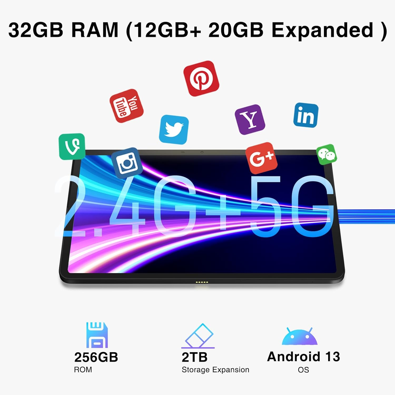 Tablet zeigt App-Symbole, 32GB RAM, 256GB ROM und Android 13 OS. 2.4G+5G, 2TB Speicher.