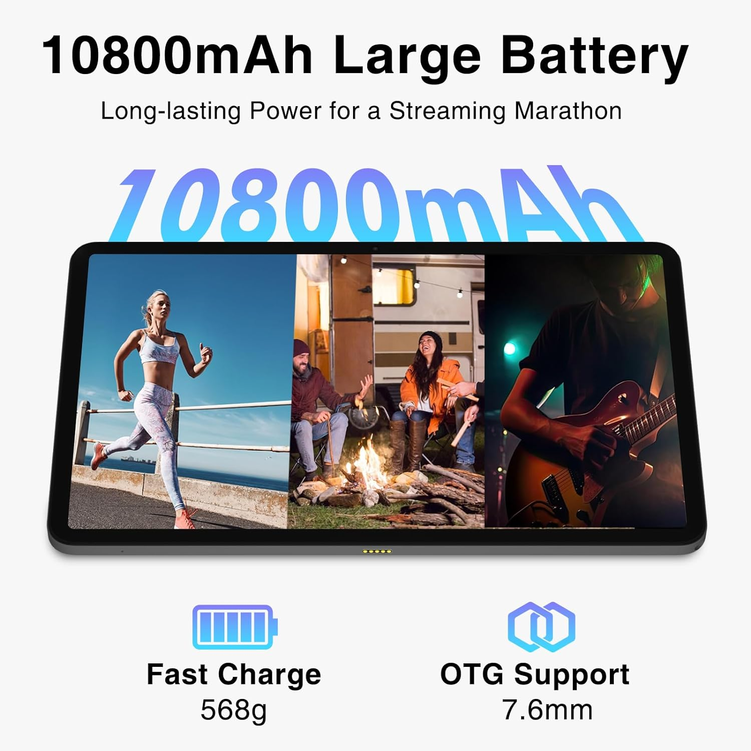 Tablet mit Bildern von Menschen und Text. Der obere Text lautet: 10800mAh Akku.