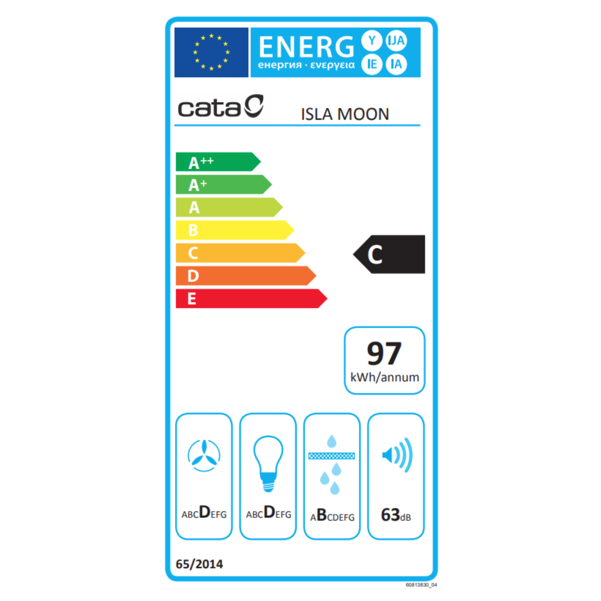 Etiqueta energética que muestra la eficiencia energética. Azul, verde, amarillo y rojo.