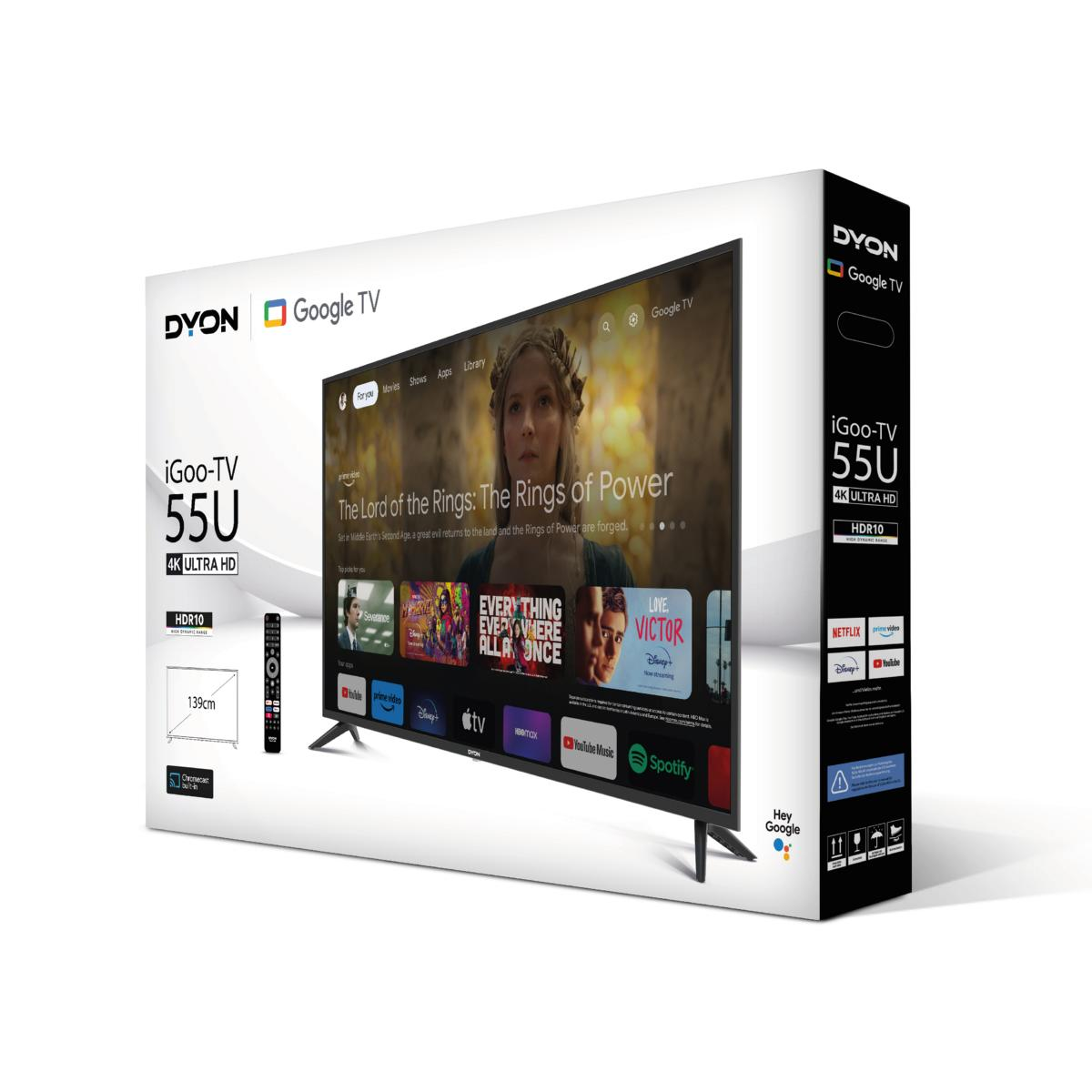 DYON iGoo-TV 55U TV-Box. Ein großer Fernsehbildschirm mit einem Film.