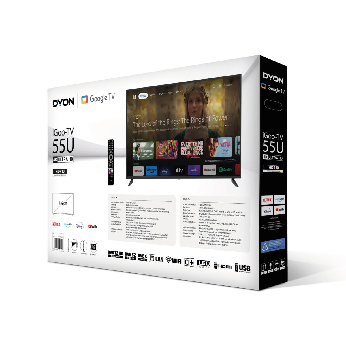 TV-Box mit Fernsehbildschirm. Die Box ist weiß, mit Text in mehreren Sprachen und einem TV-Bildschirm.