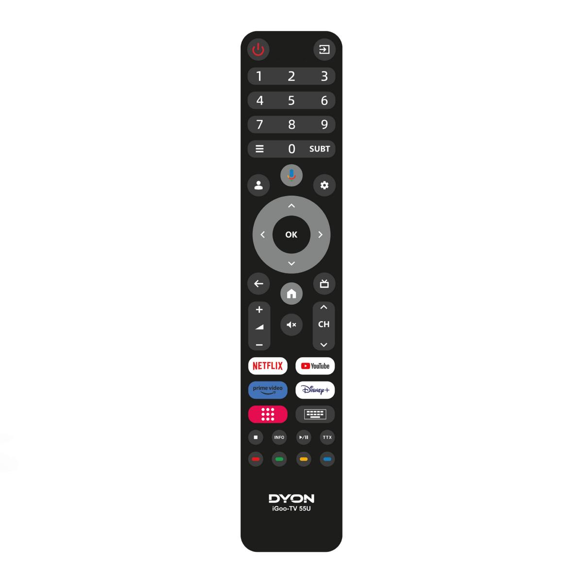 Schwarze TV-Fernbedienung mit Tasten und App-Symbolen, weißer Hintergrund.