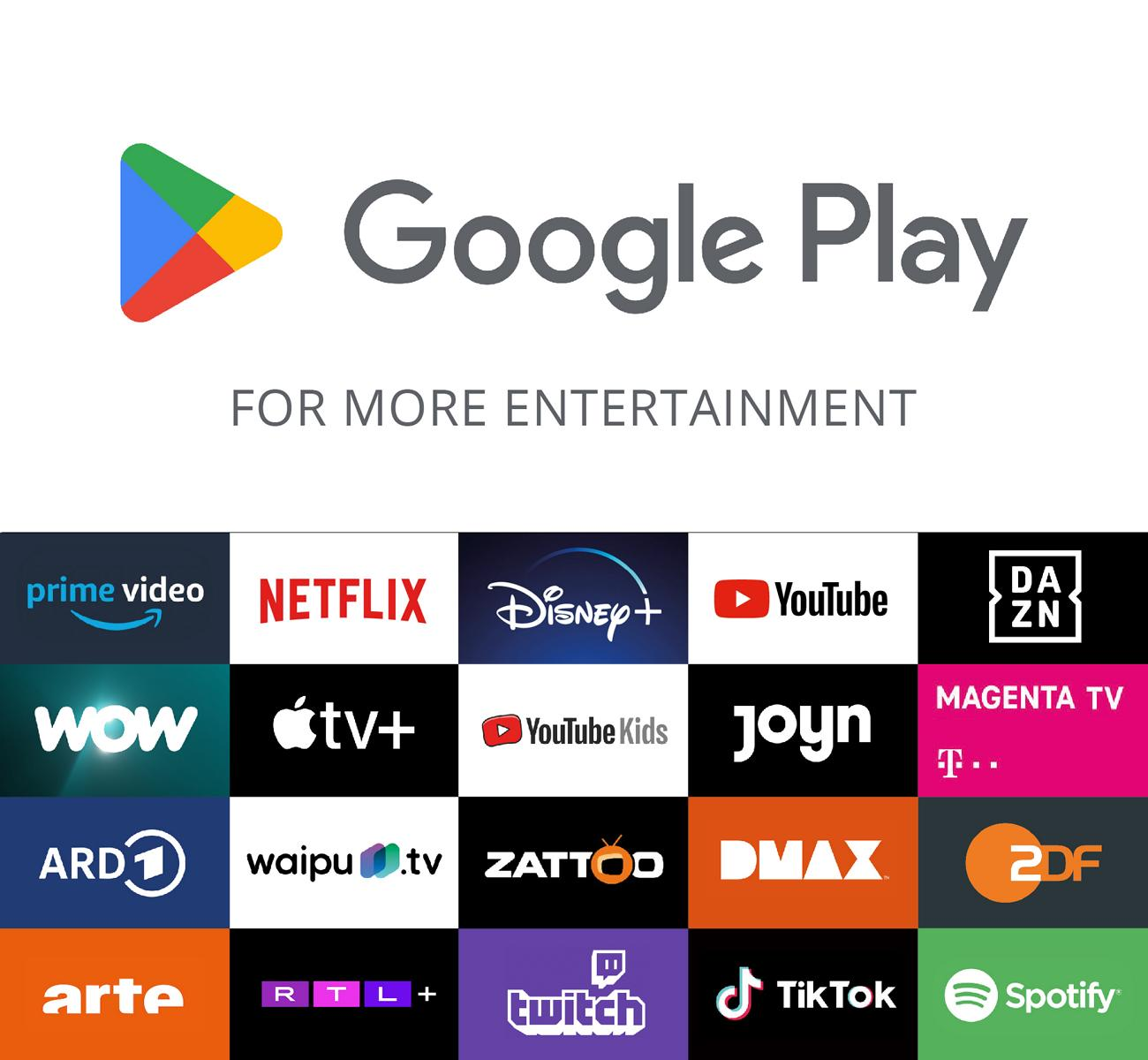 Google Play Logo mit App-Symbolen für Prime Video, Netflix, Disney+ usw.